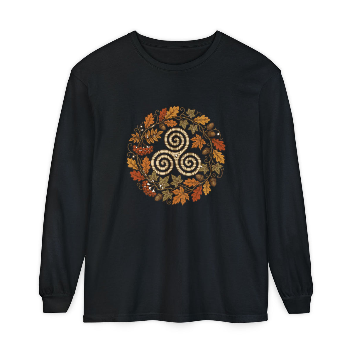 Celtic Autumn Spiral Leaf Wreath Long Sleeve Tee
