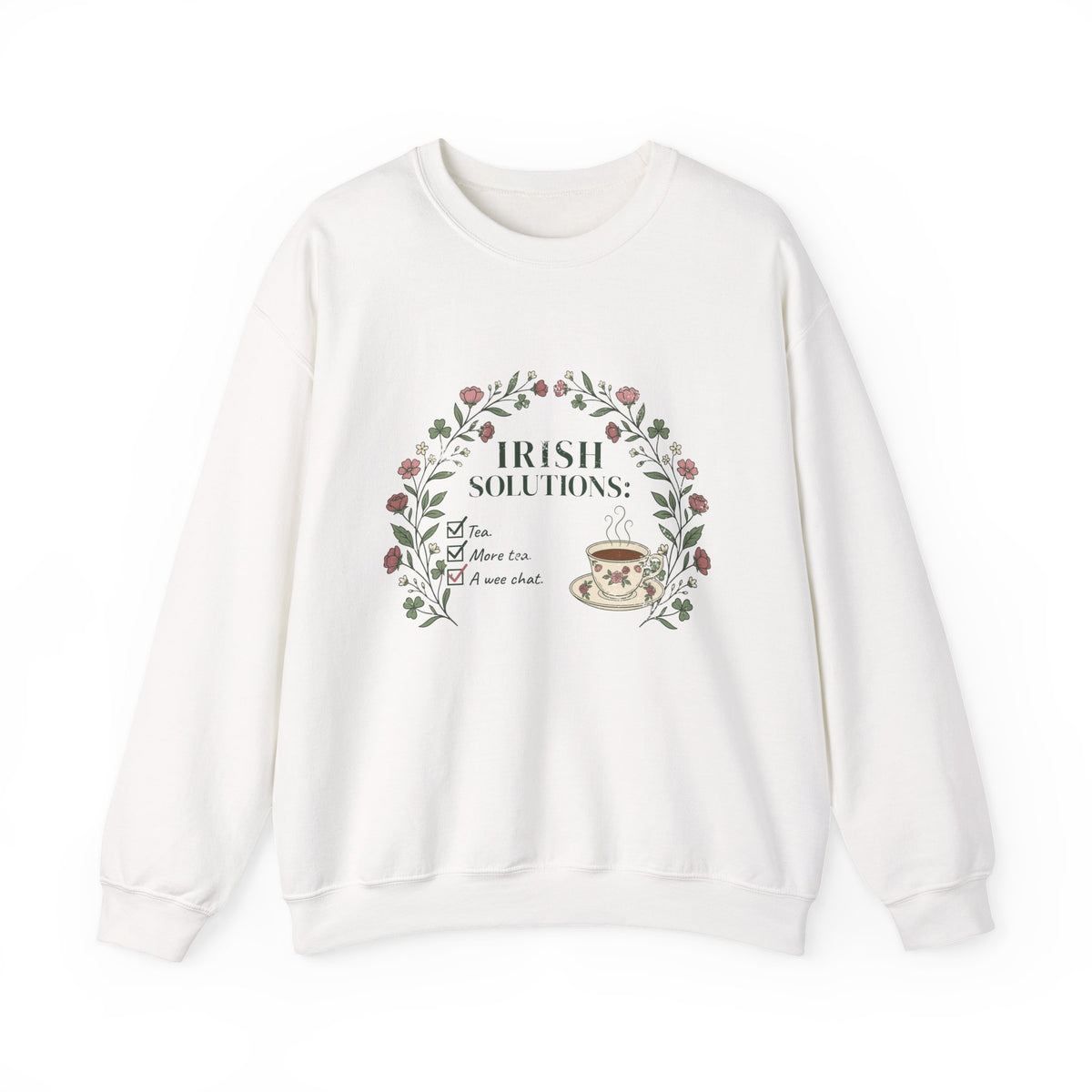 Irish Solutions Tea Cup Wildflowers and Shamrocks Crewneck Sweatshirt