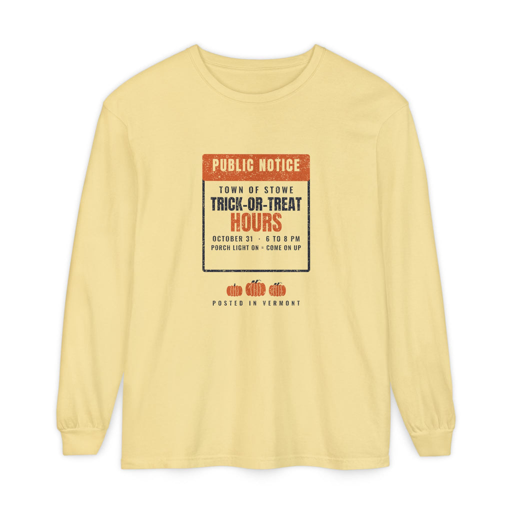Stowe Vermont Trick-or-Treat Hours Notice Long Sleeve Tee