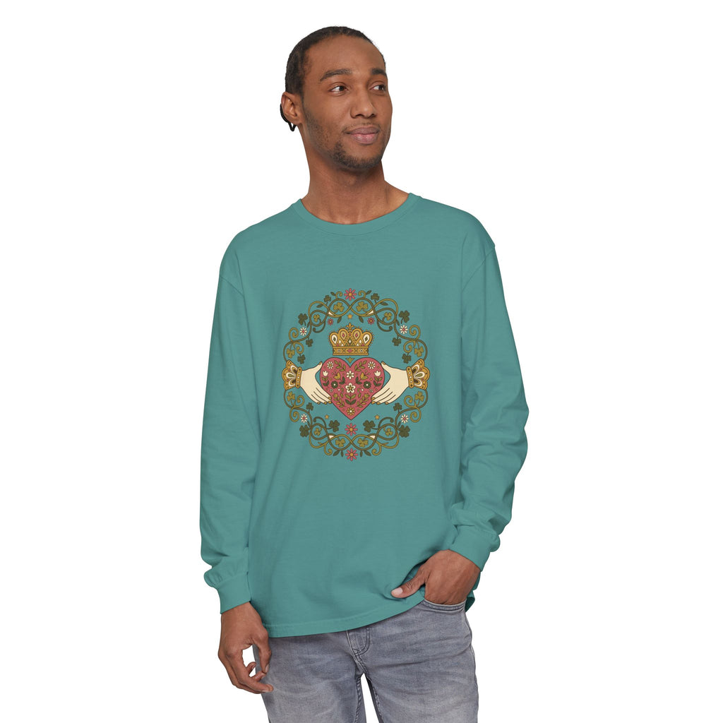 Claddagh Florals Folk Art Shamrock Wreath Long Sleeve Tee