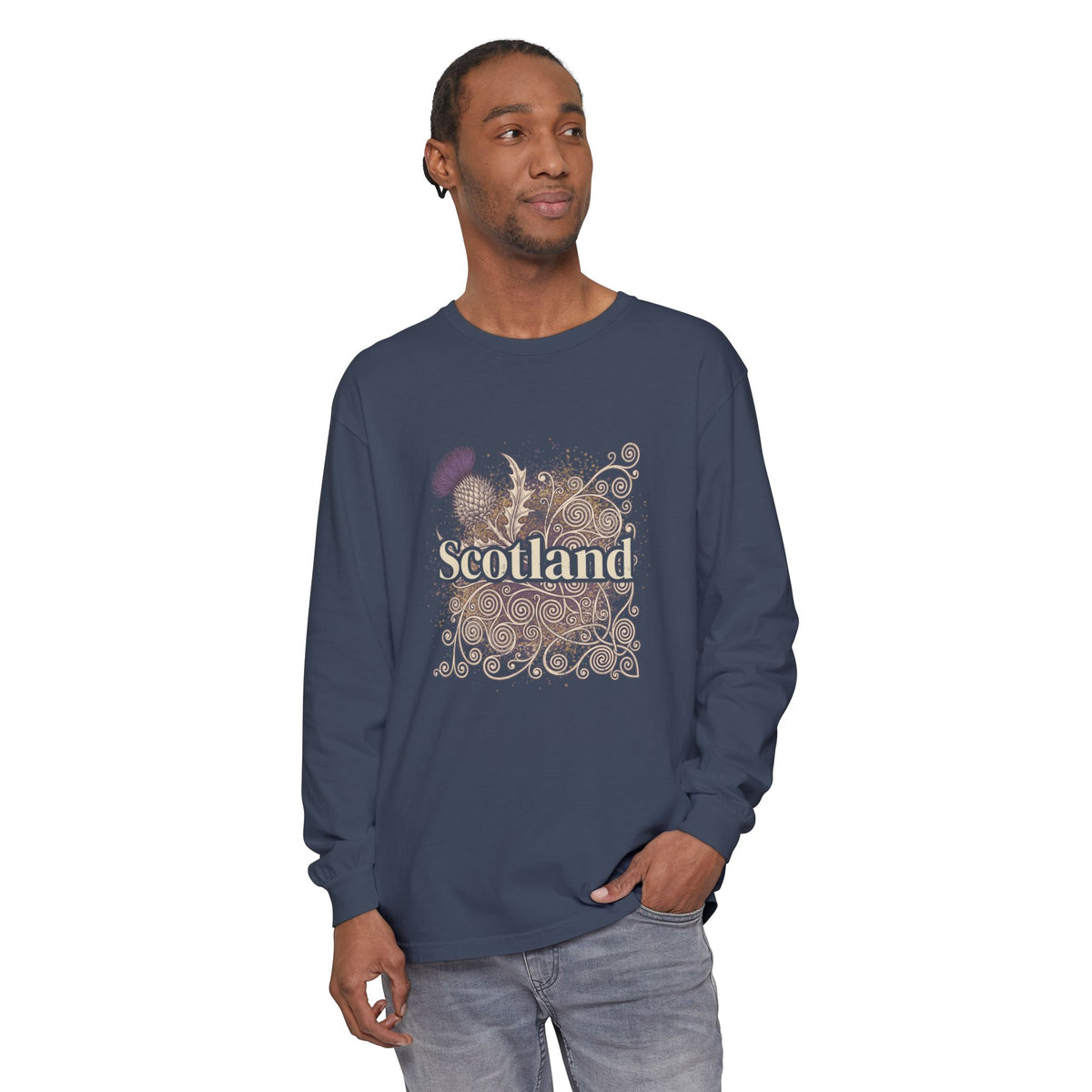 Scotland Thistle Celtic Scroll Paint Splatter Long Sleeve Tee