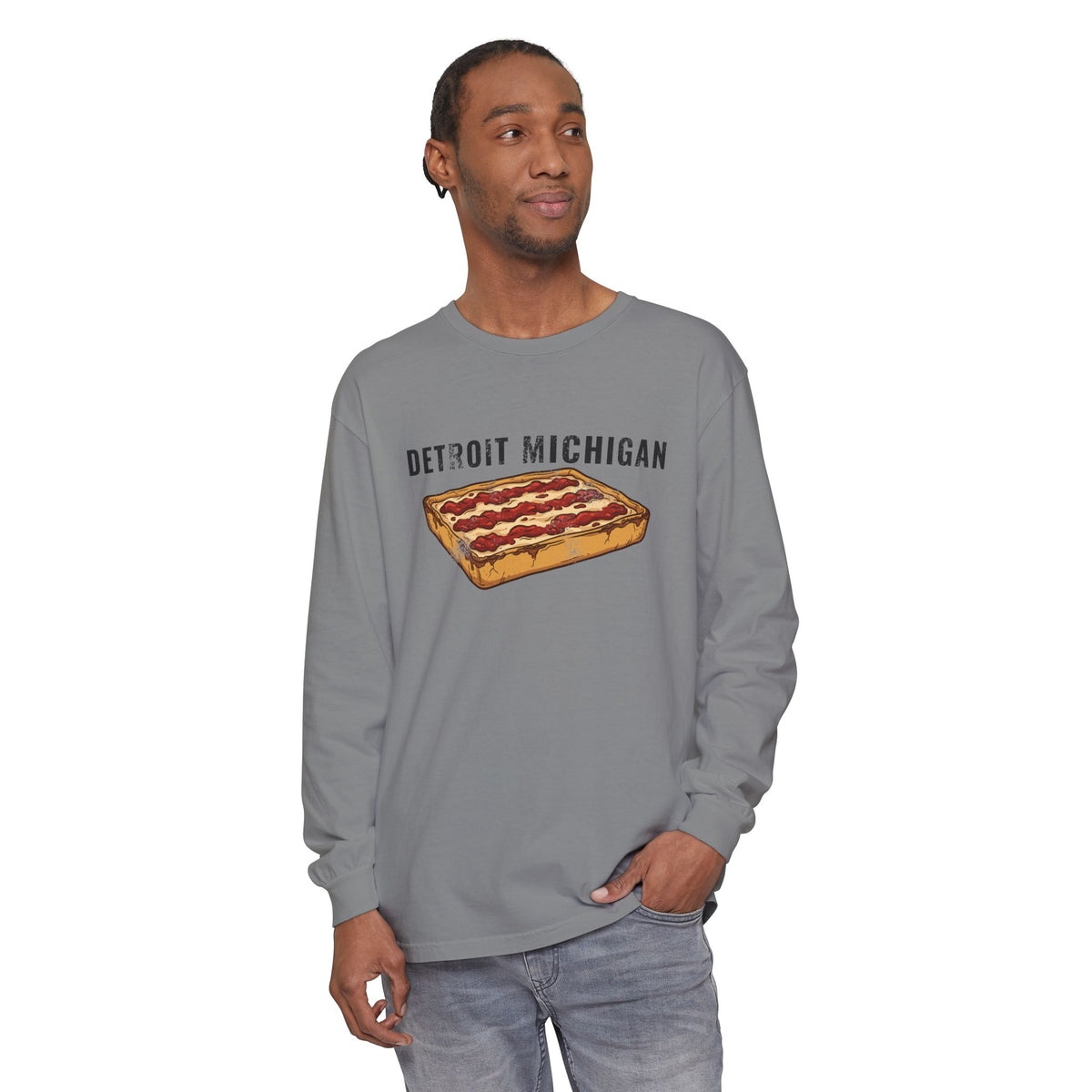 Detroit Style Pizza Retro Food Illustration Long Sleeve Tee