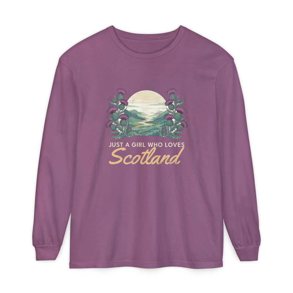 Just a Girl Who Loves Scotland Thistles Highland Glen Long Sleeve Tee