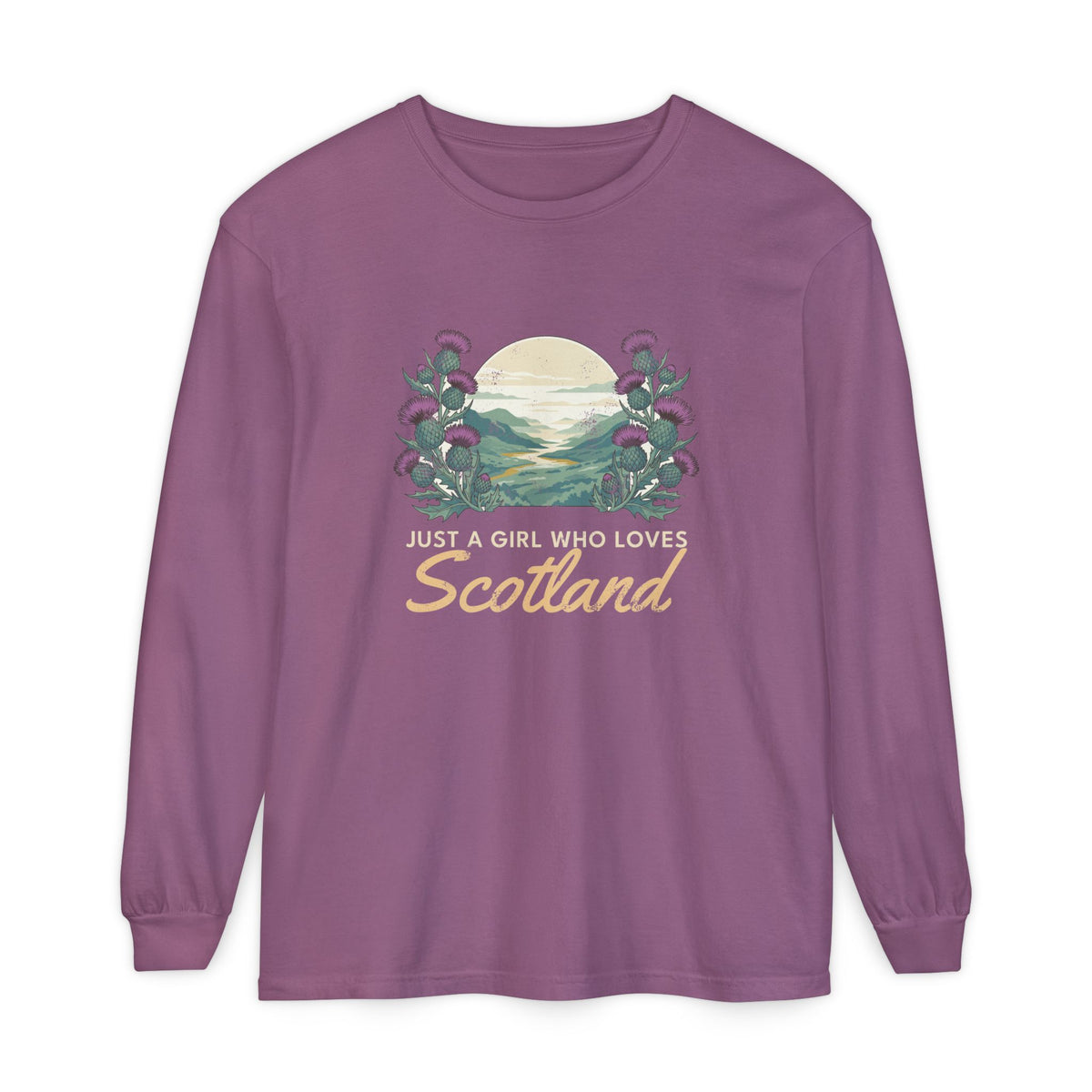Just a Girl Who Loves Scotland Thistles Highland Glen Long Sleeve Tee