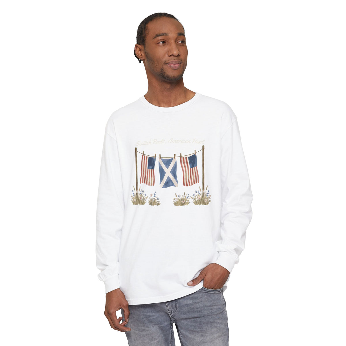 Scottish Roots American Heart Watercolor Flags Long Sleeve Tee