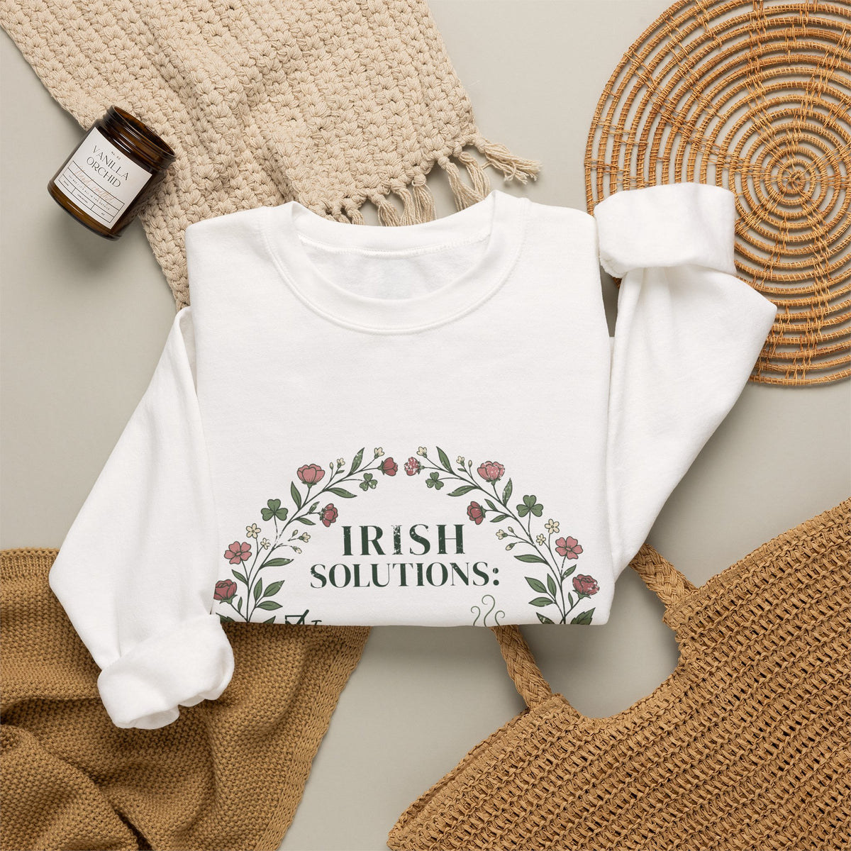 Irish Solutions Tea Cup Wildflowers and Shamrocks Crewneck Sweatshirt
