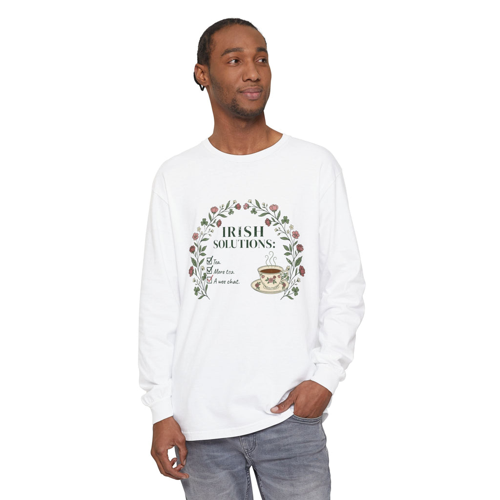 Irish Solutions Tea Cup Wildflowers and Shamrocks Long Sleeve Tee