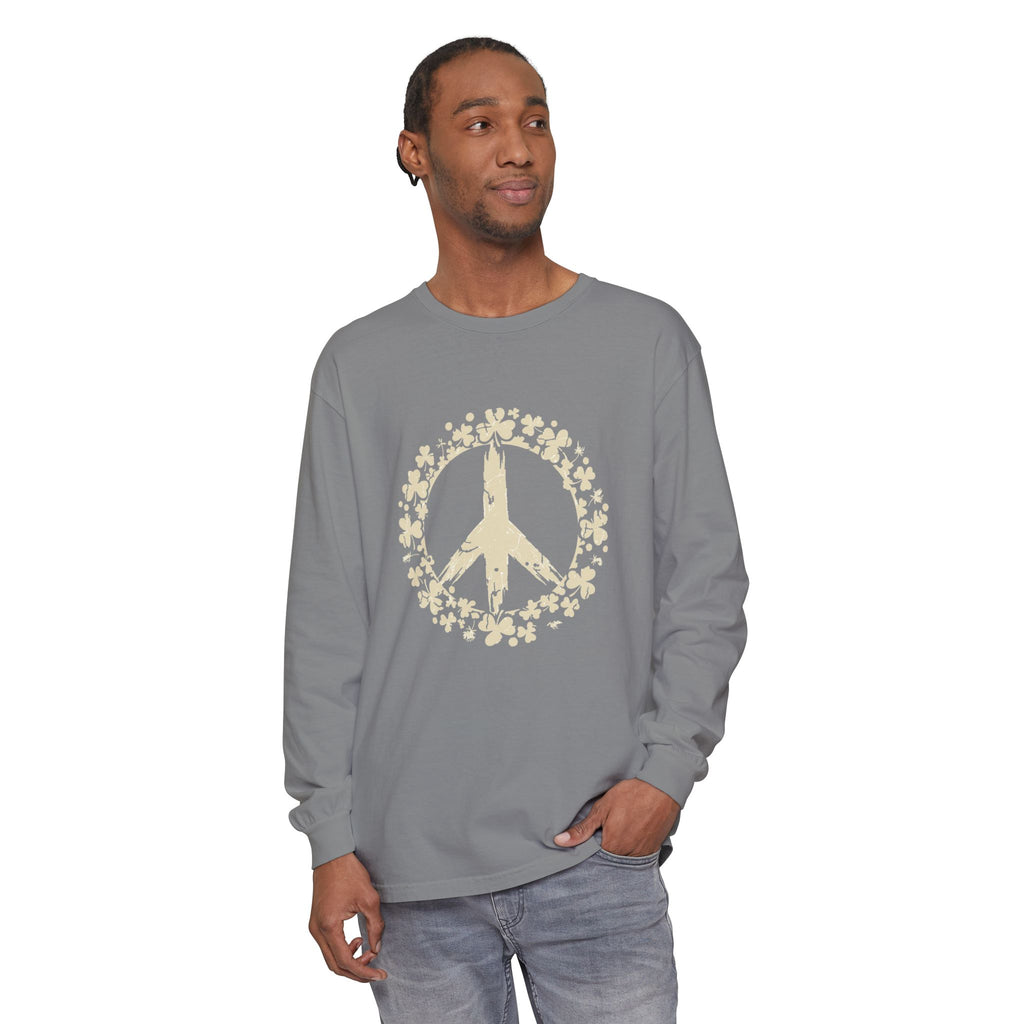 Shamrock Peace Sign Wreath Distressed Long Sleeve Tee