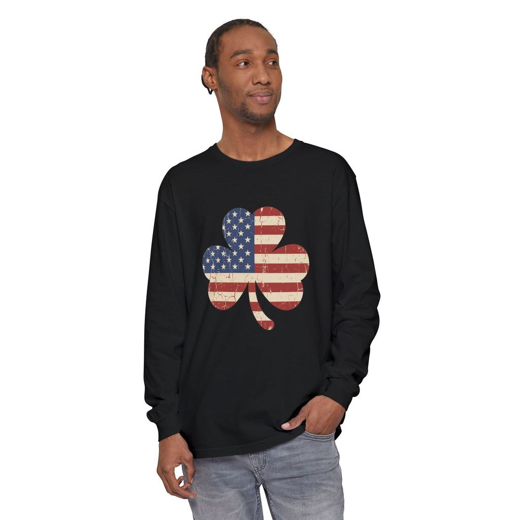Irish American Flag Shamrock Distressed Vintage Long Sleeve Tee
