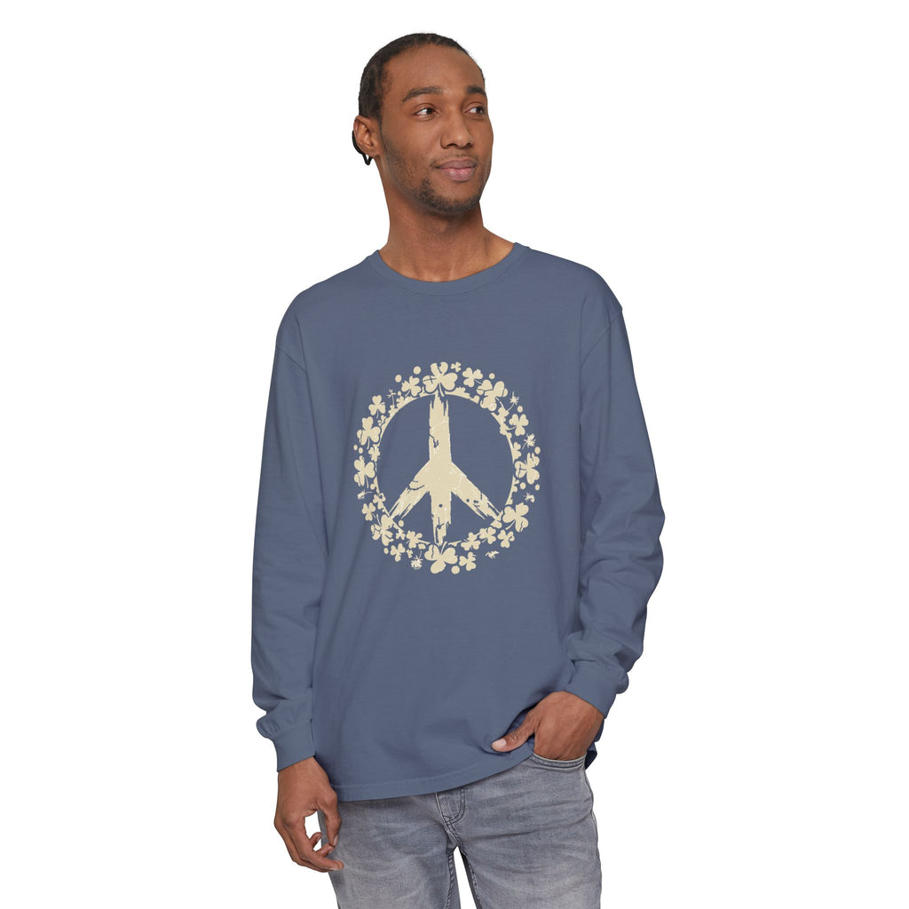 Shamrock Peace Sign Wreath Distressed Long Sleeve Tee