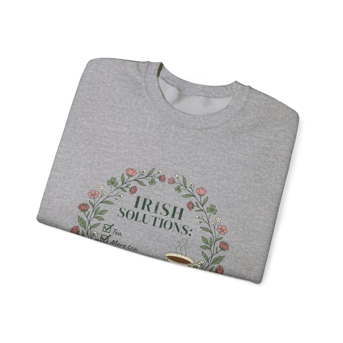 Irish Solutions Tea Cup Wildflowers and Shamrocks Crewneck Sweatshirt