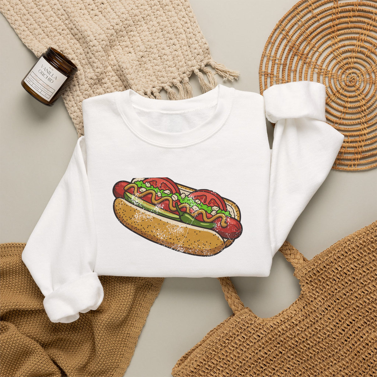 Chicago Style Hot Dog Retro Food Illustration Crewneck Sweatshirt