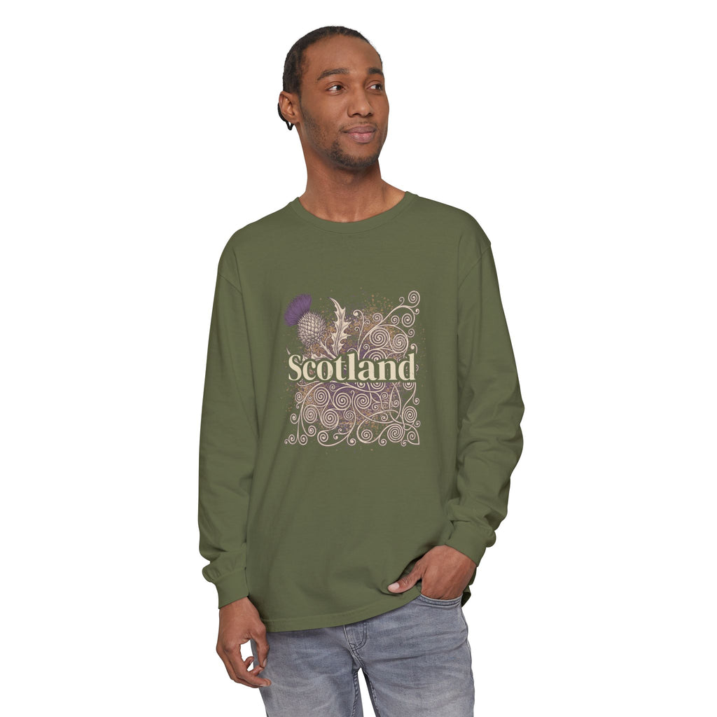 Scotland Thistle Celtic Scroll Paint Splatter Long Sleeve Tee