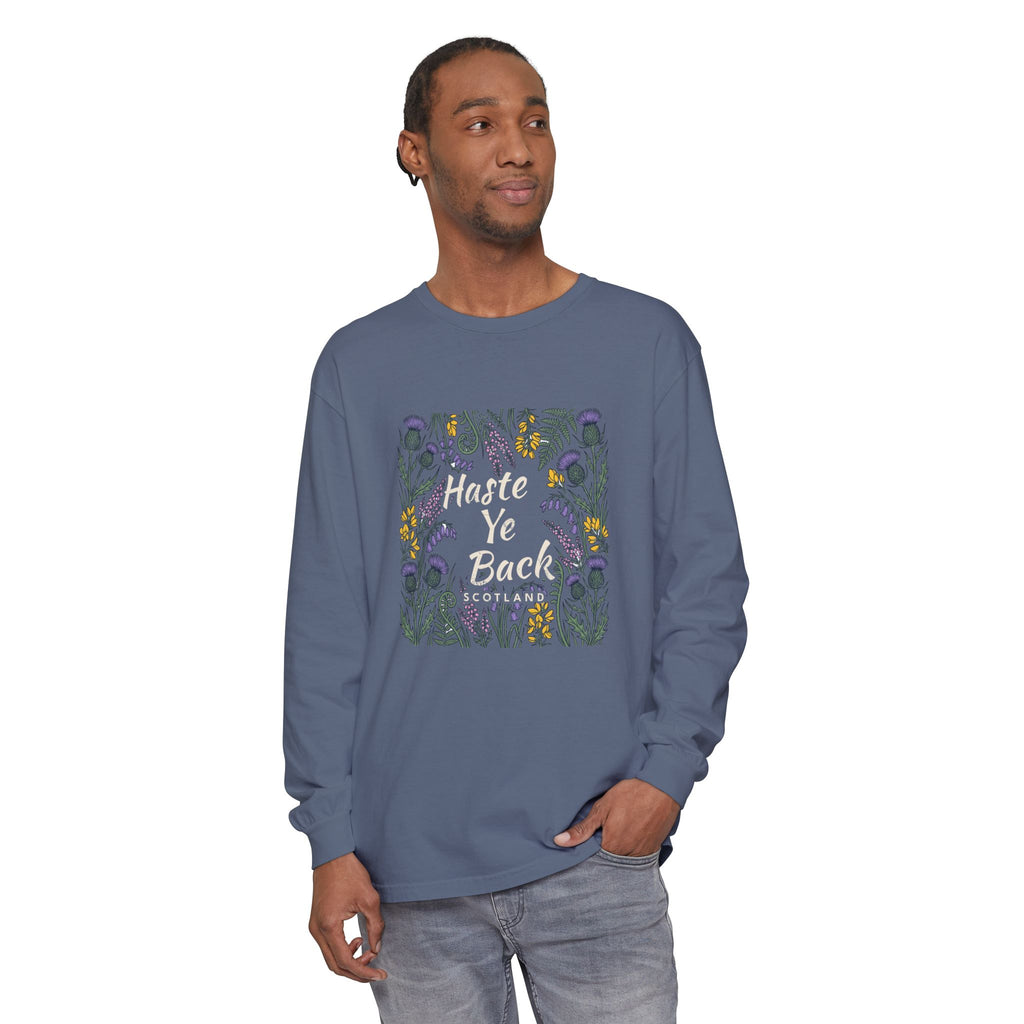 Haste Ye Back Scotland Thistle Wildflowers Long Sleeve Tee