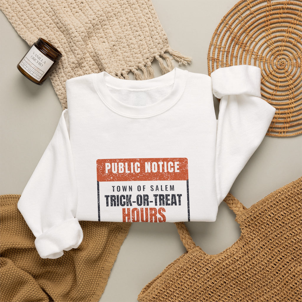 Salem Massachusetts Trick-or-Treat Hours Notice Crewneck Sweatshirt