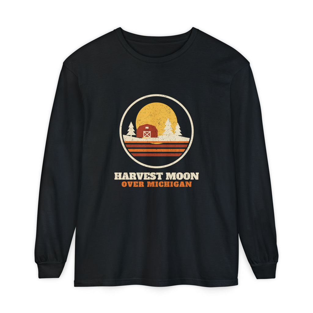Harvest Moon Over Michigan Retro Badge Long Sleeve Tee