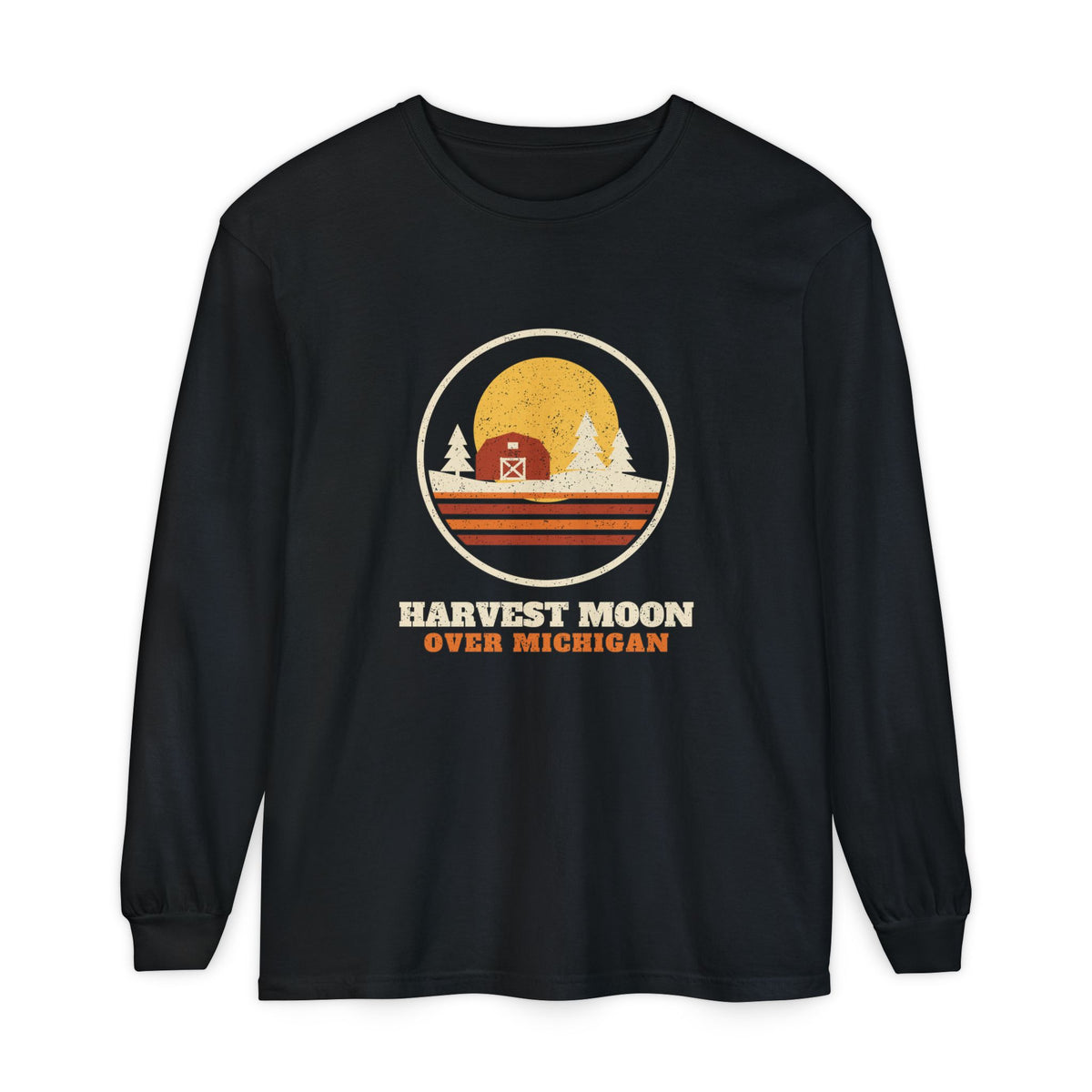Harvest Moon Over Michigan Retro Badge Long Sleeve Tee