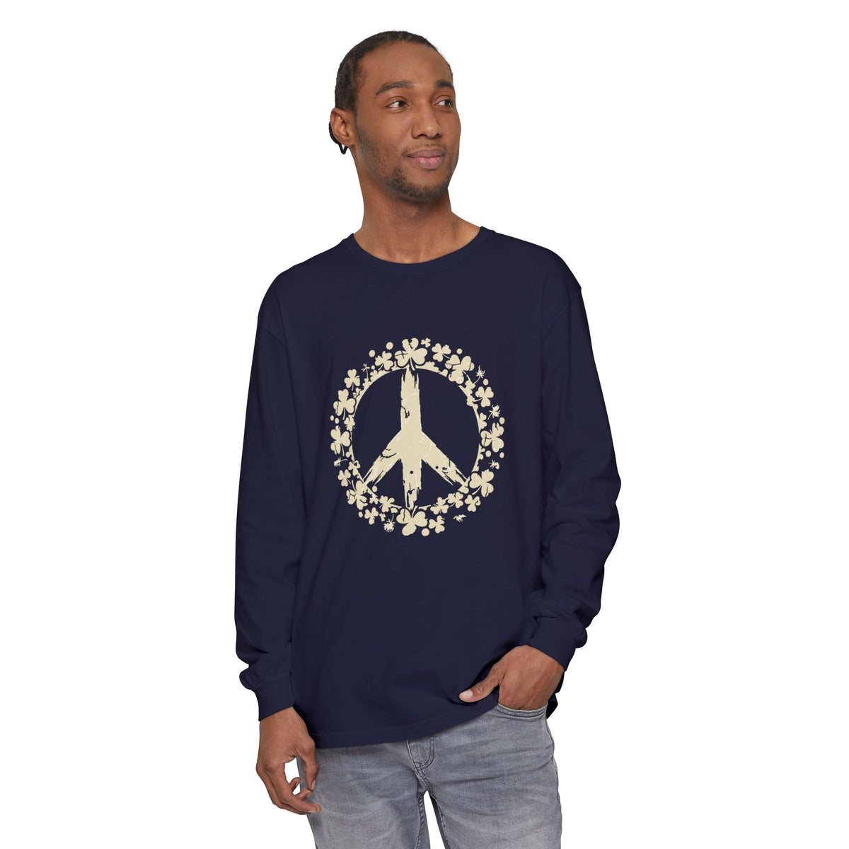 Shamrock Peace Sign Wreath Distressed Long Sleeve Tee