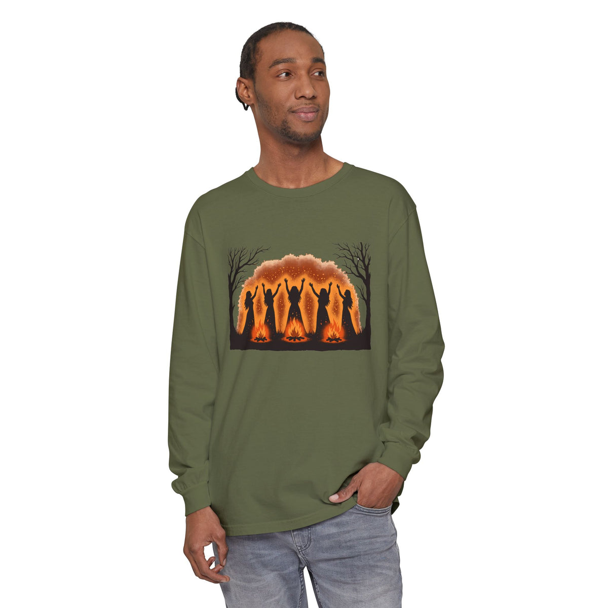 Women Dancing Around Bonfires Night Silhouettes Long Sleeve Tee