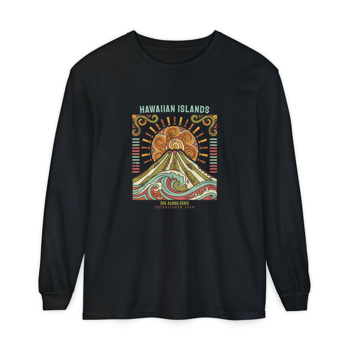 Aloha State Volcano Tattoo Sunrise Wave Long Sleeve Tee