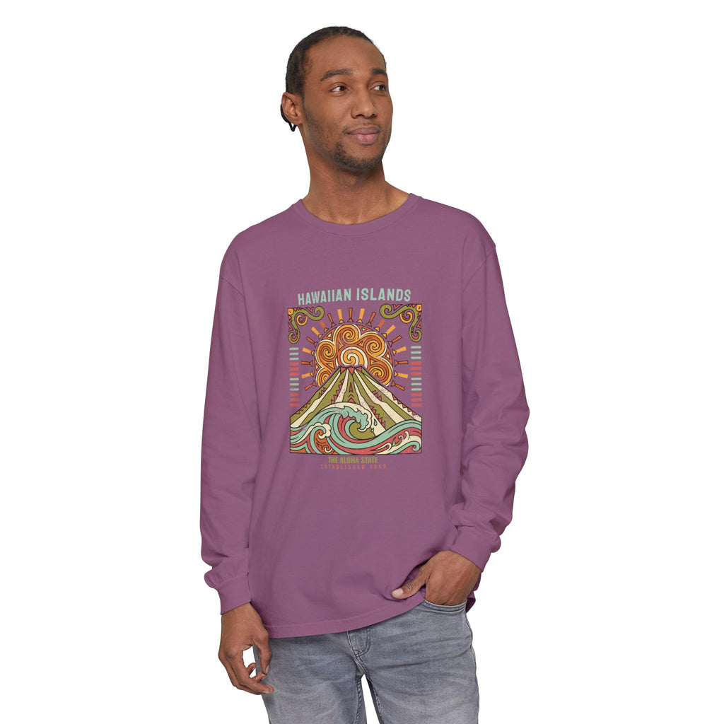 Aloha State Volcano Tattoo Sunrise Wave Long Sleeve Tee