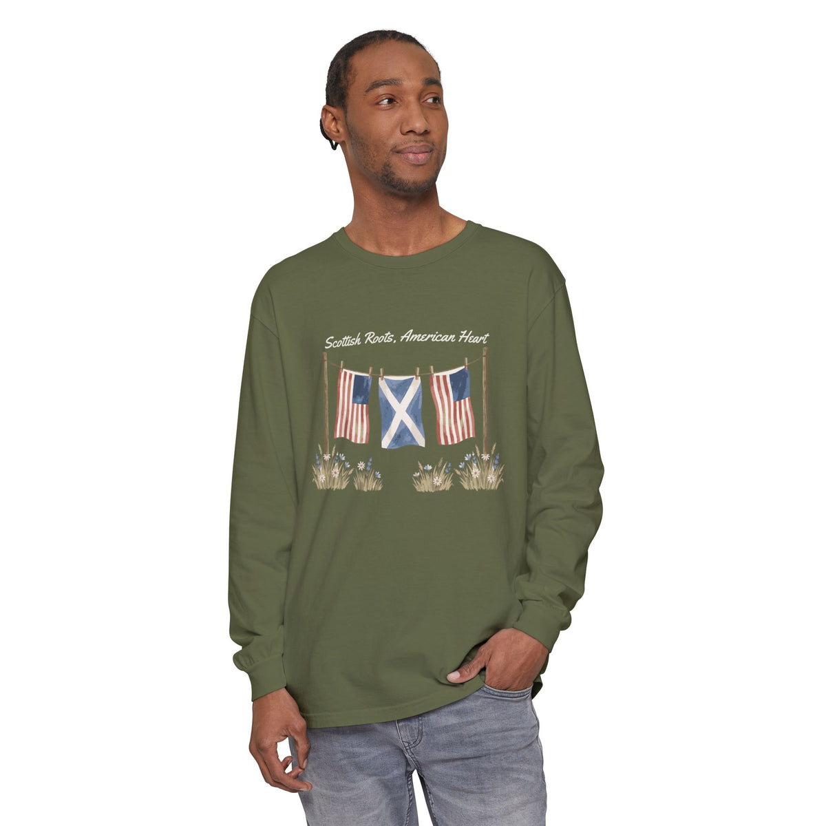 Scottish Roots American Heart Watercolor Flags Long Sleeve Tee