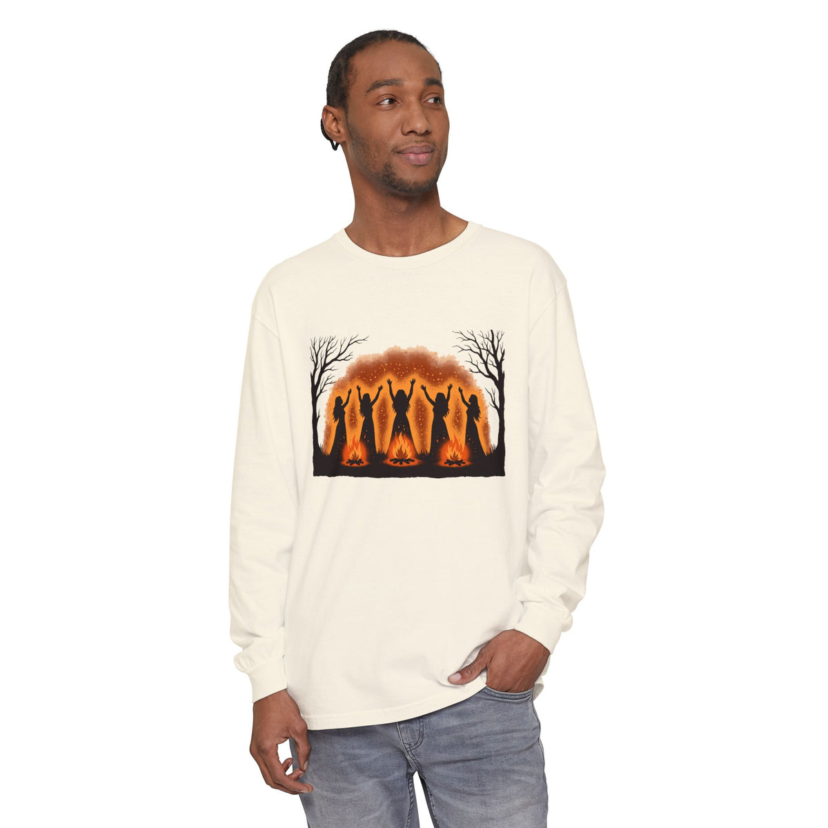 Women Dancing Around Bonfires Night Silhouettes Long Sleeve Tee