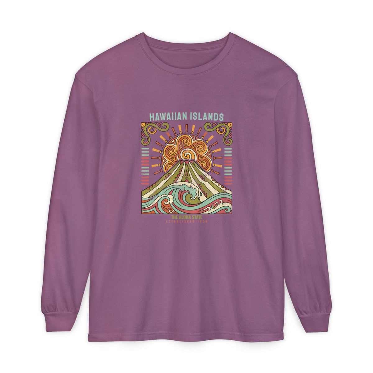 Aloha State Volcano Tattoo Sunrise Wave Long Sleeve Tee