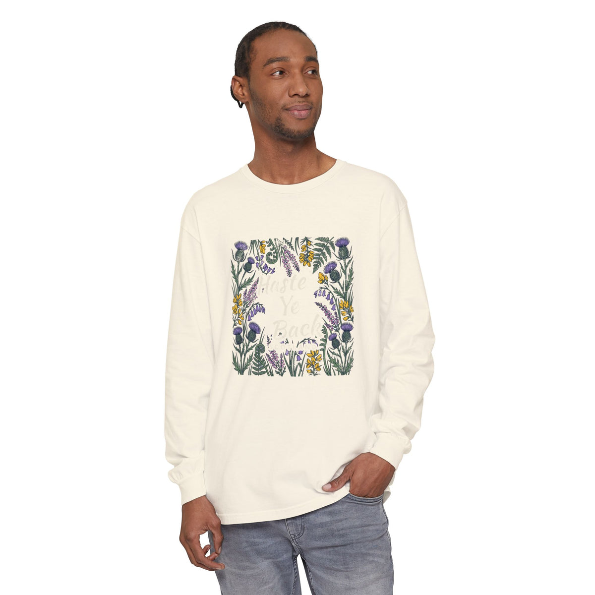Haste Ye Back Scotland Thistle Wildflowers Long Sleeve Tee