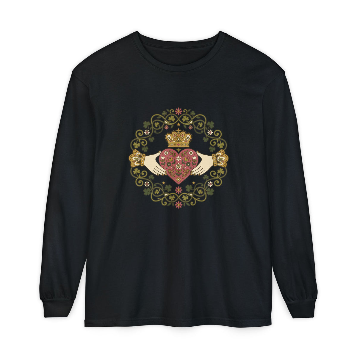 Claddagh Florals Folk Art Shamrock Wreath Long Sleeve Tee