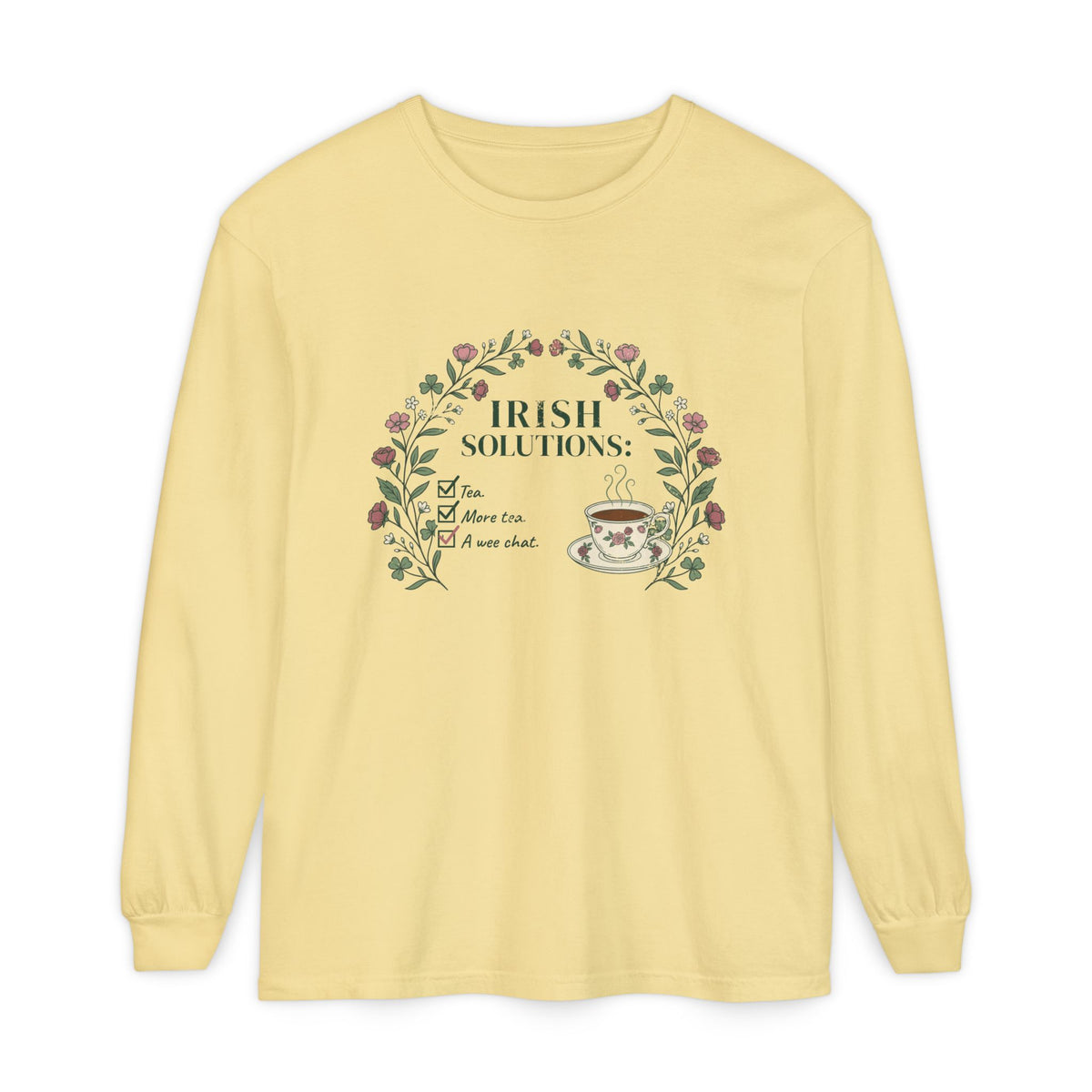 Irish Solutions Tea Cup Wildflowers and Shamrocks Long Sleeve Tee