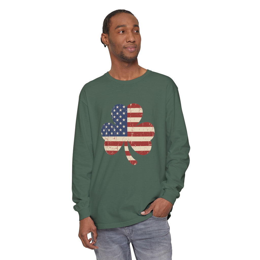 Irish American Flag Shamrock Distressed Vintage Long Sleeve Tee