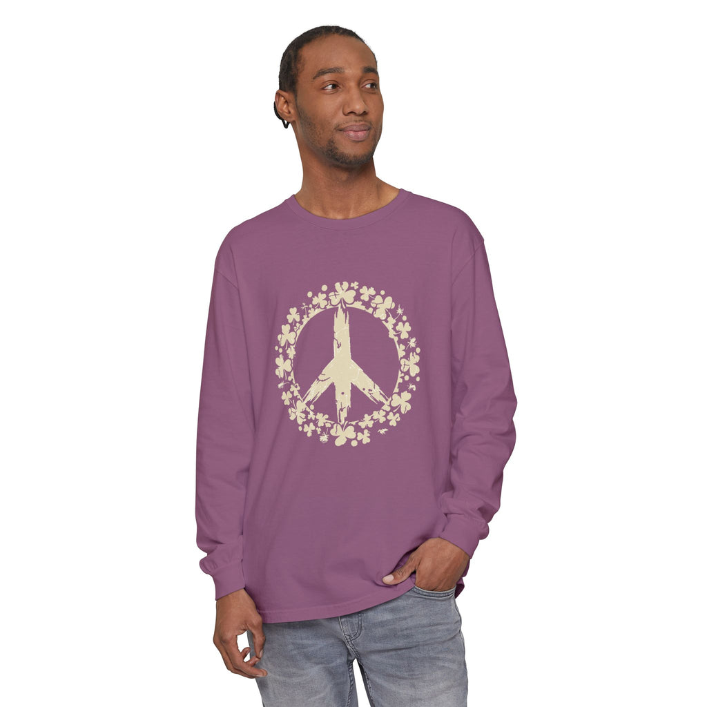 Shamrock Peace Sign Wreath Distressed Long Sleeve Tee