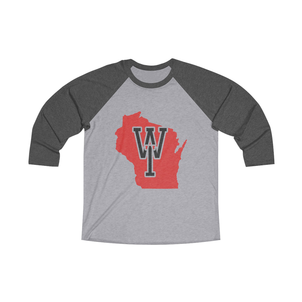 Wisconsin Varsity Monogram Map Raglan 3/4 Sleeve Tee