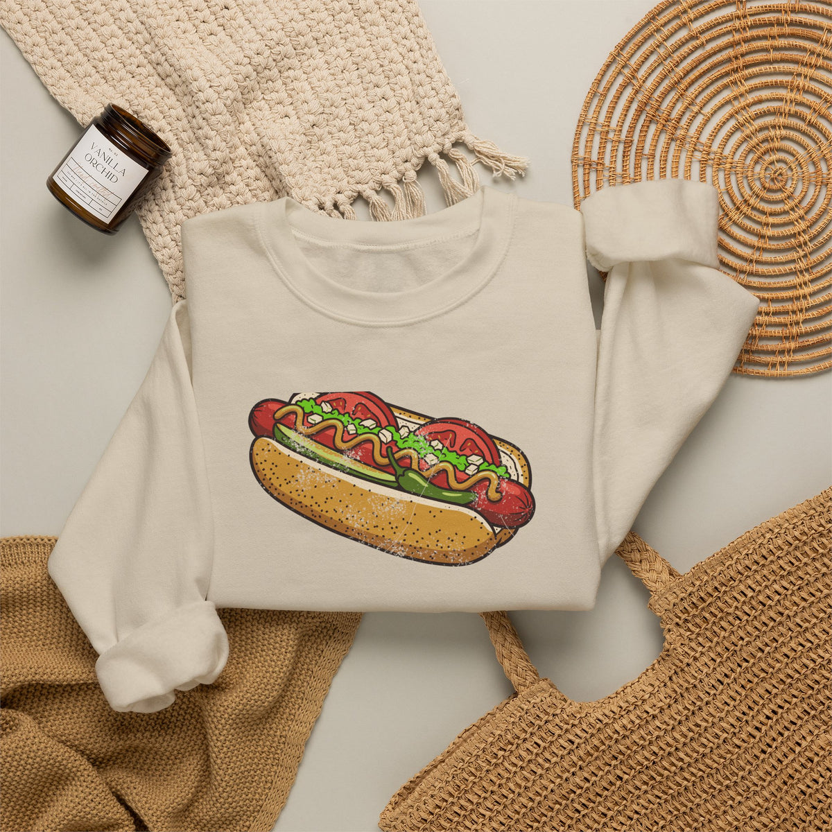 Chicago Style Hot Dog Retro Food Illustration Crewneck Sweatshirt