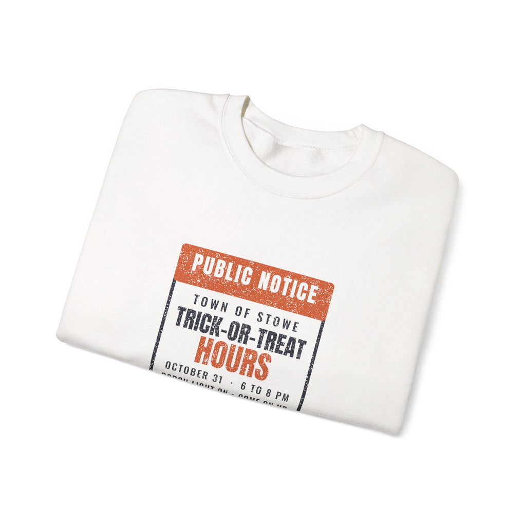 Stowe Vermont Trick-or-Treat Hours Notice Crewneck Sweatshirt