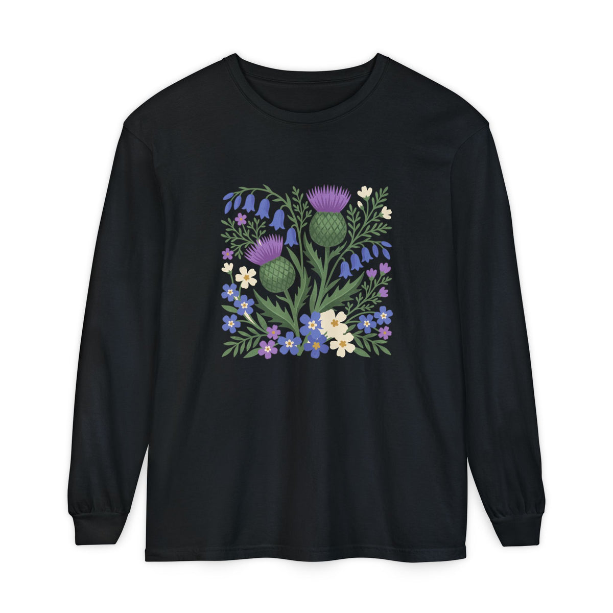 Scottish Thistle Floral Folk Art Bluebells Long Sleeve Tee