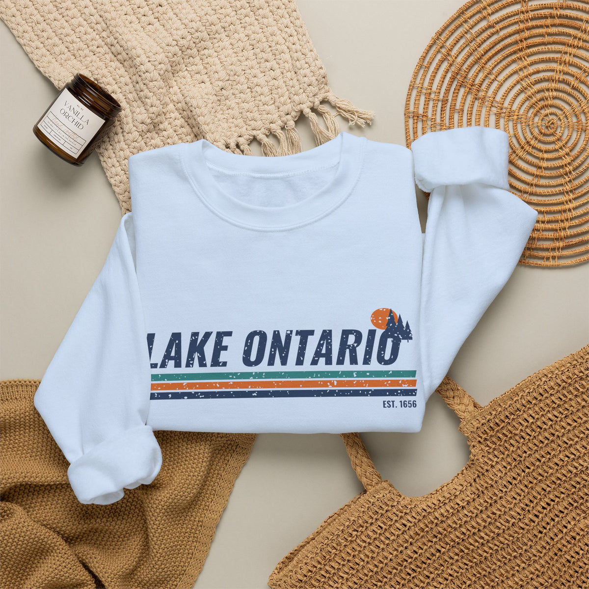 Lake Ontario Est 1656 Retro Stripe Crewneck Sweatshirt