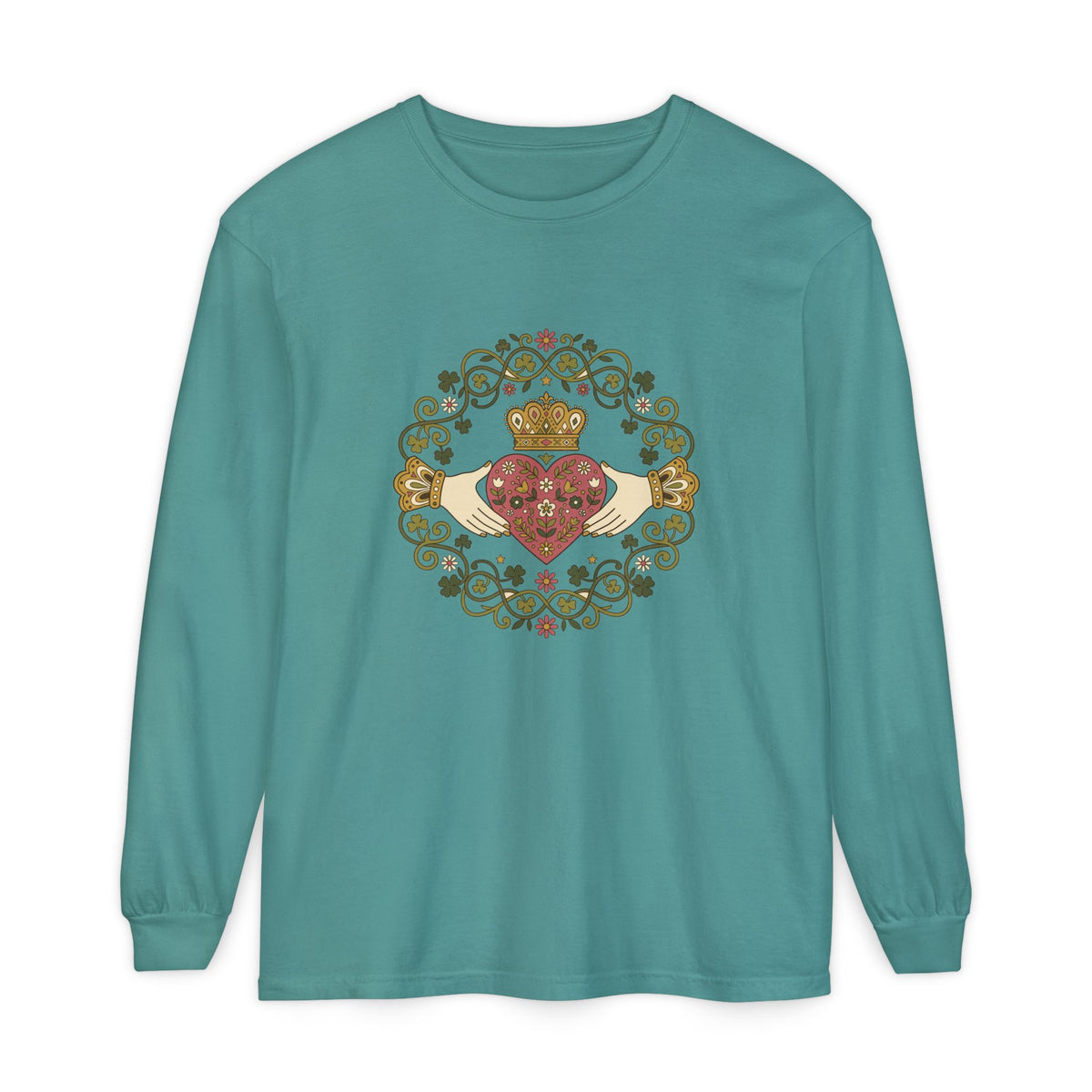 Claddagh Florals Folk Art Shamrock Wreath Long Sleeve Tee