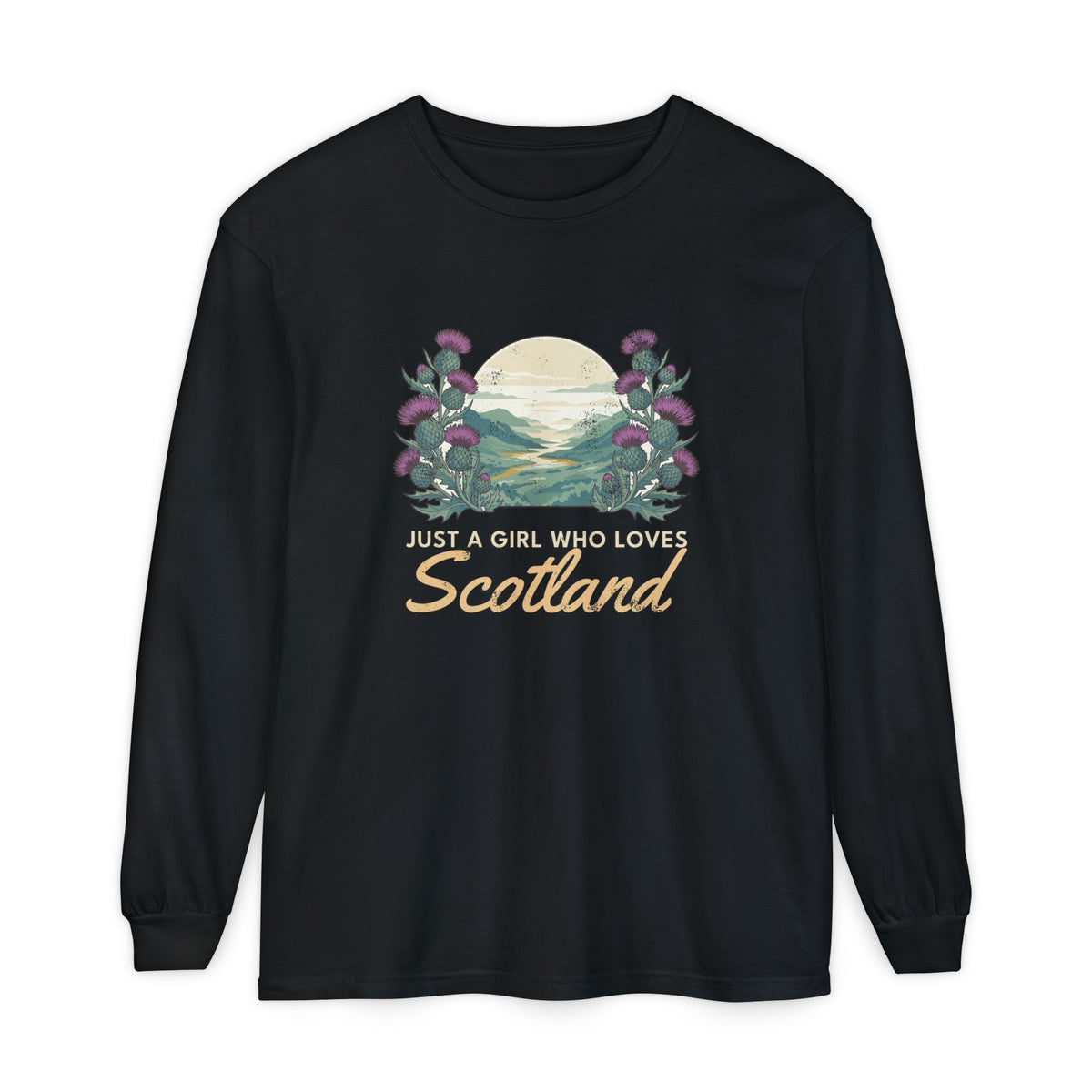 Just a Girl Who Loves Scotland Thistles Highland Glen Long Sleeve Tee