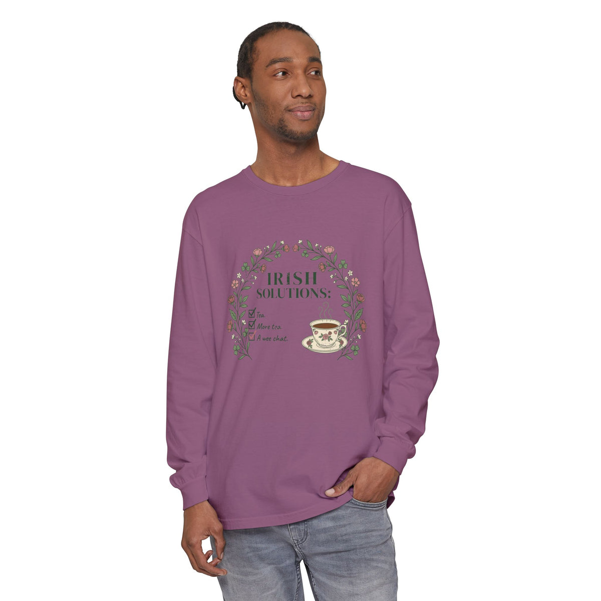 Irish Solutions Tea Cup Wildflowers and Shamrocks Long Sleeve Tee