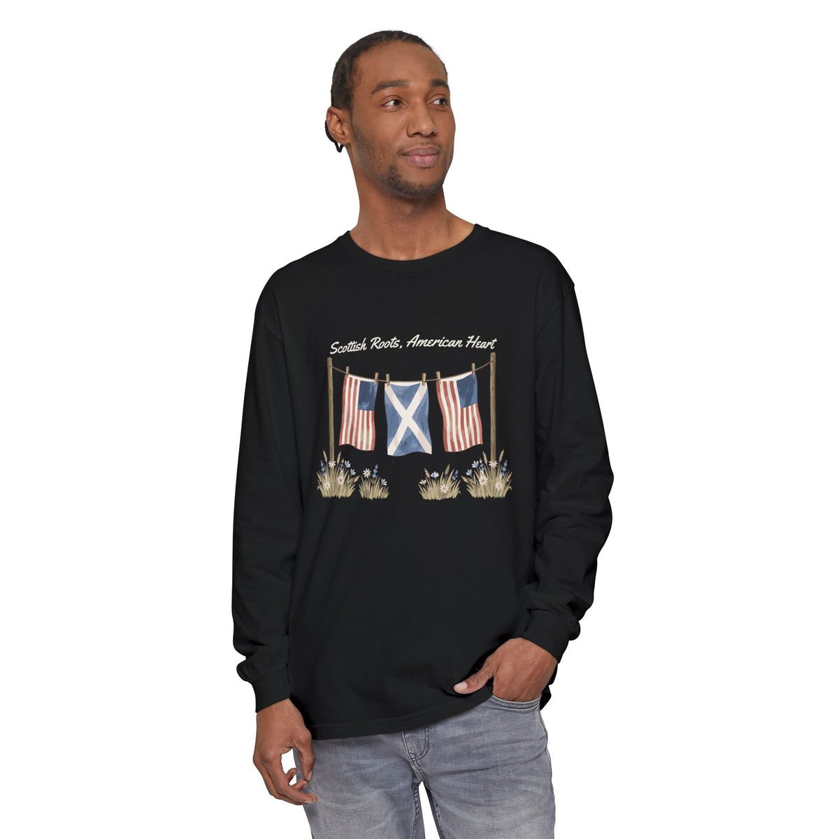 Scottish Roots American Heart Watercolor Flags Long Sleeve Tee