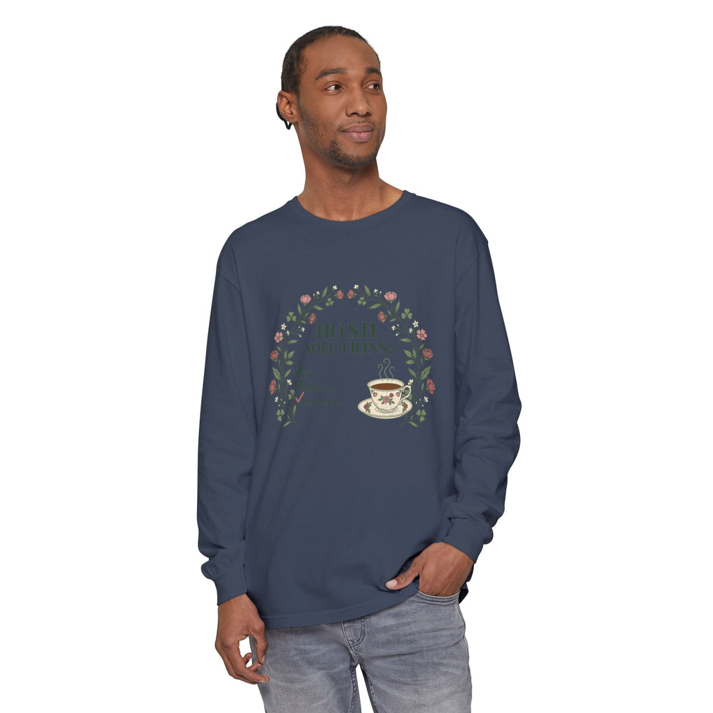 Irish Solutions Tea Cup Wildflowers and Shamrocks Long Sleeve Tee