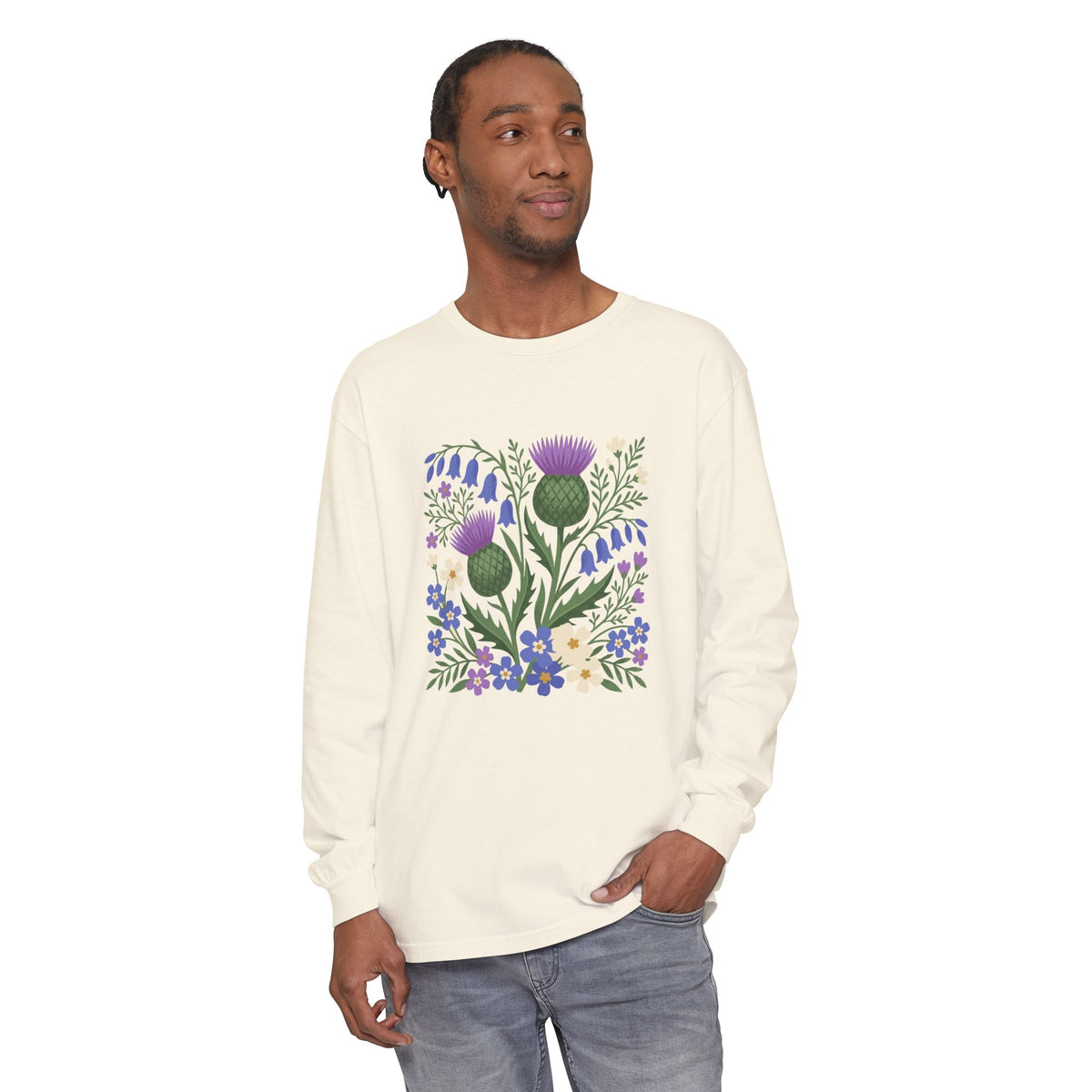 Scottish Thistle Floral Folk Art Bluebells Long Sleeve Tee