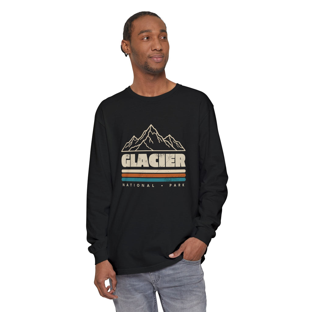 Glacier National Park Retro Mountain Stripes Long Sleeve Tee
