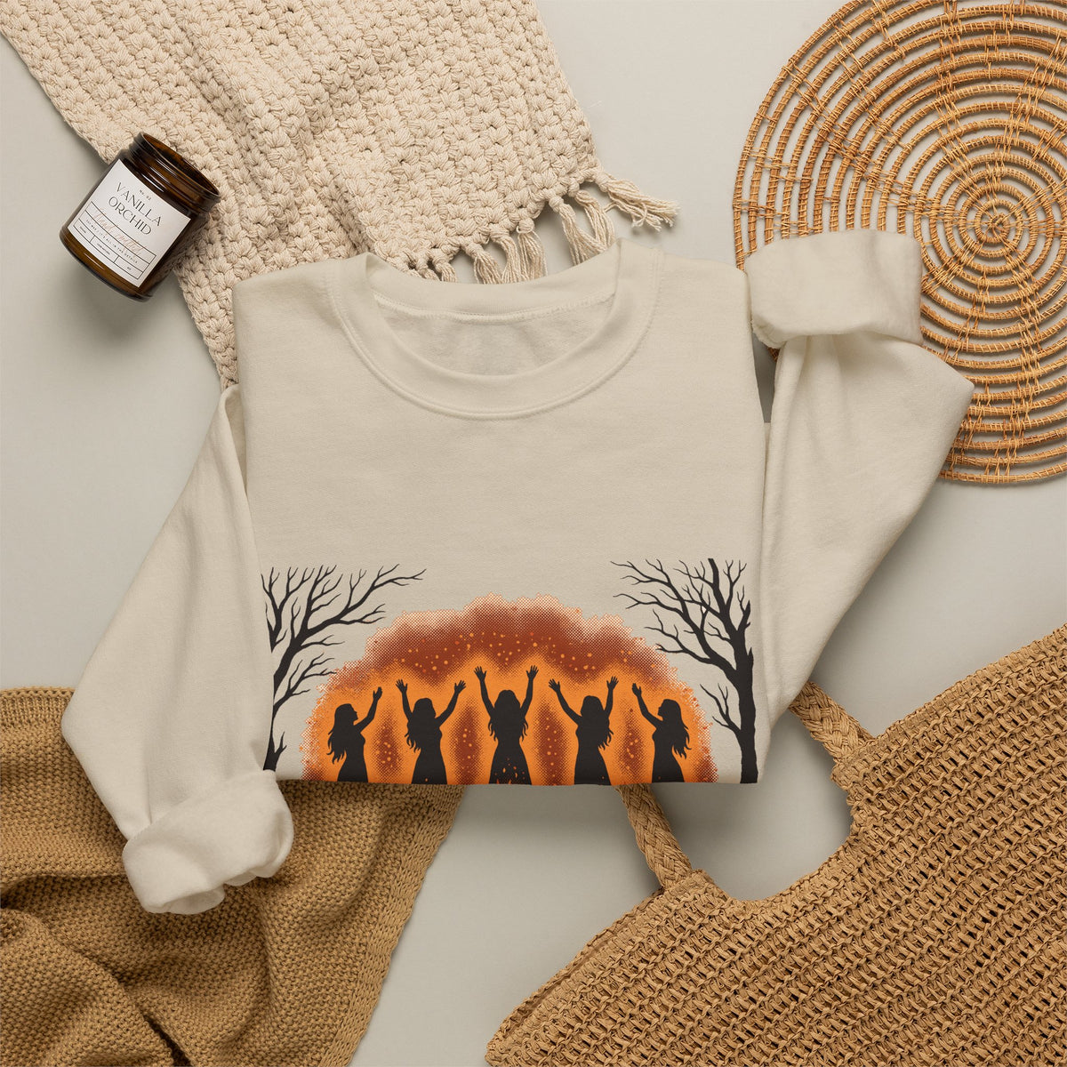 Women Dancing Around Bonfires Night Silhouettes Crewneck Sweatshirt