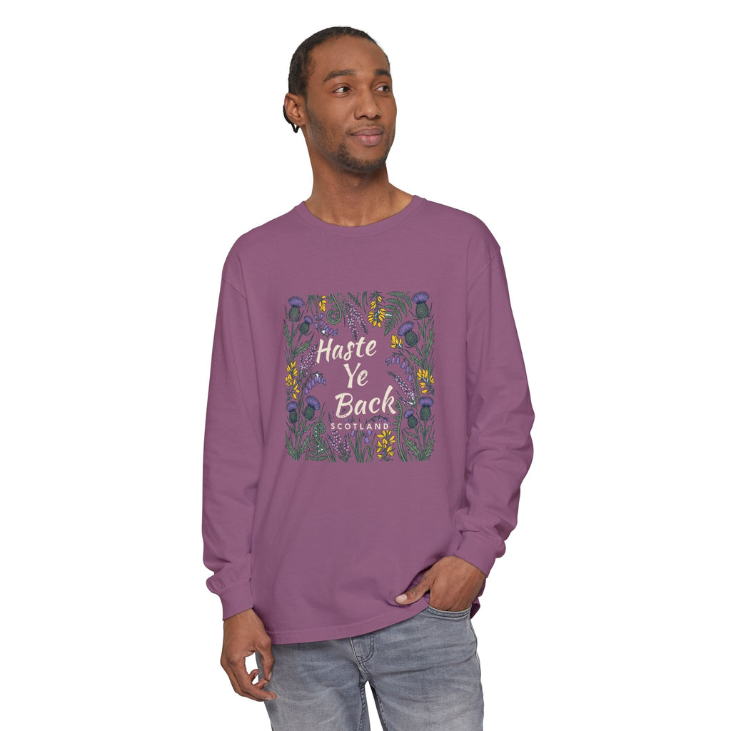 Haste Ye Back Scotland Thistle Wildflowers Long Sleeve Tee