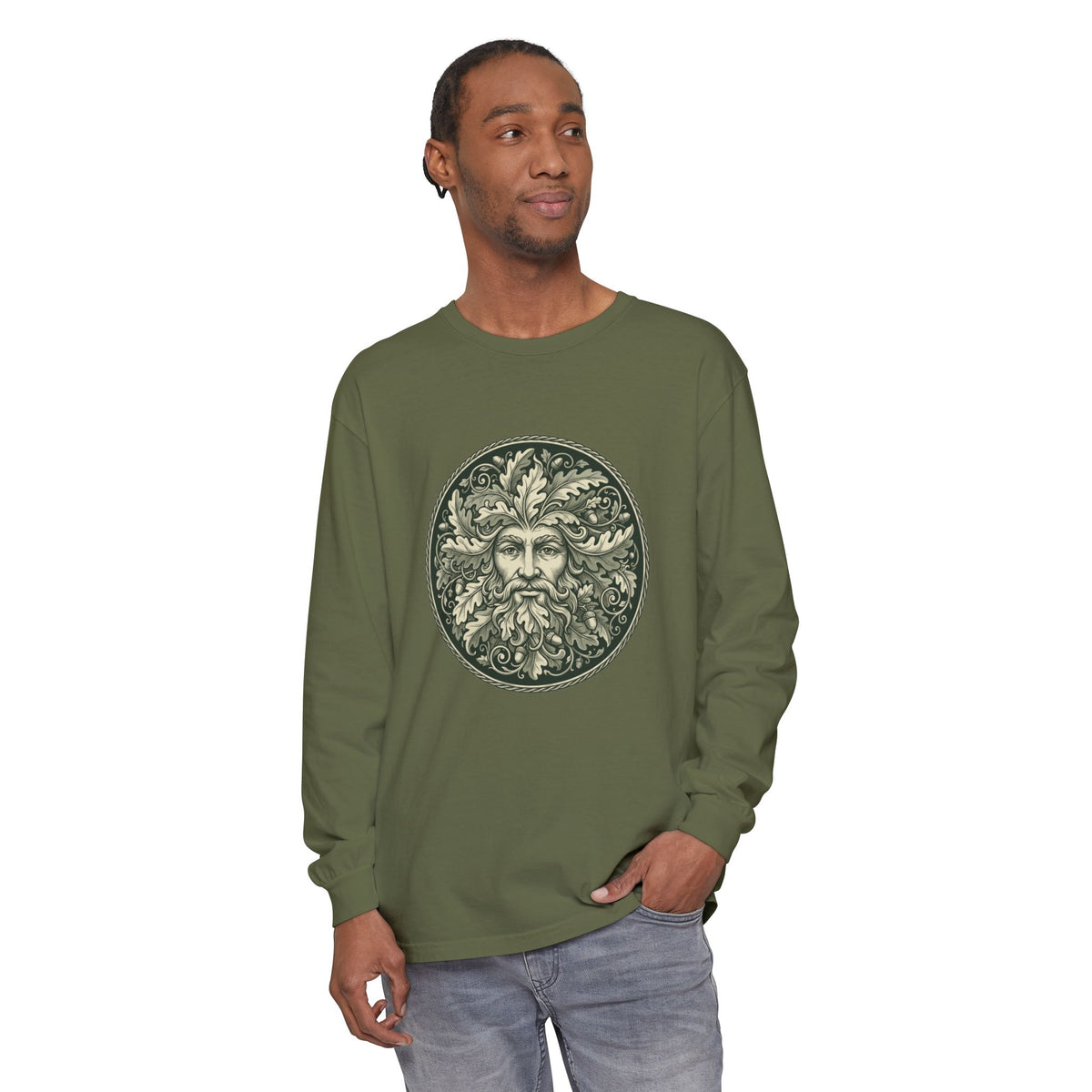 Green Man Oak Leaf and Acorn Medallion Long Sleeve Tee