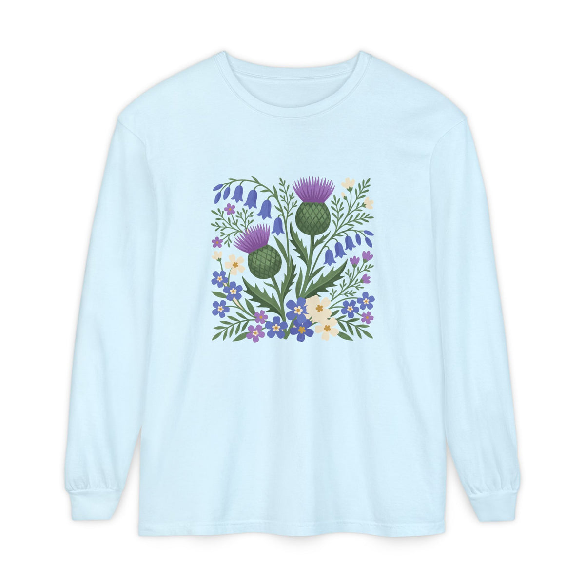 Scottish Thistle Floral Folk Art Bluebells Long Sleeve Tee