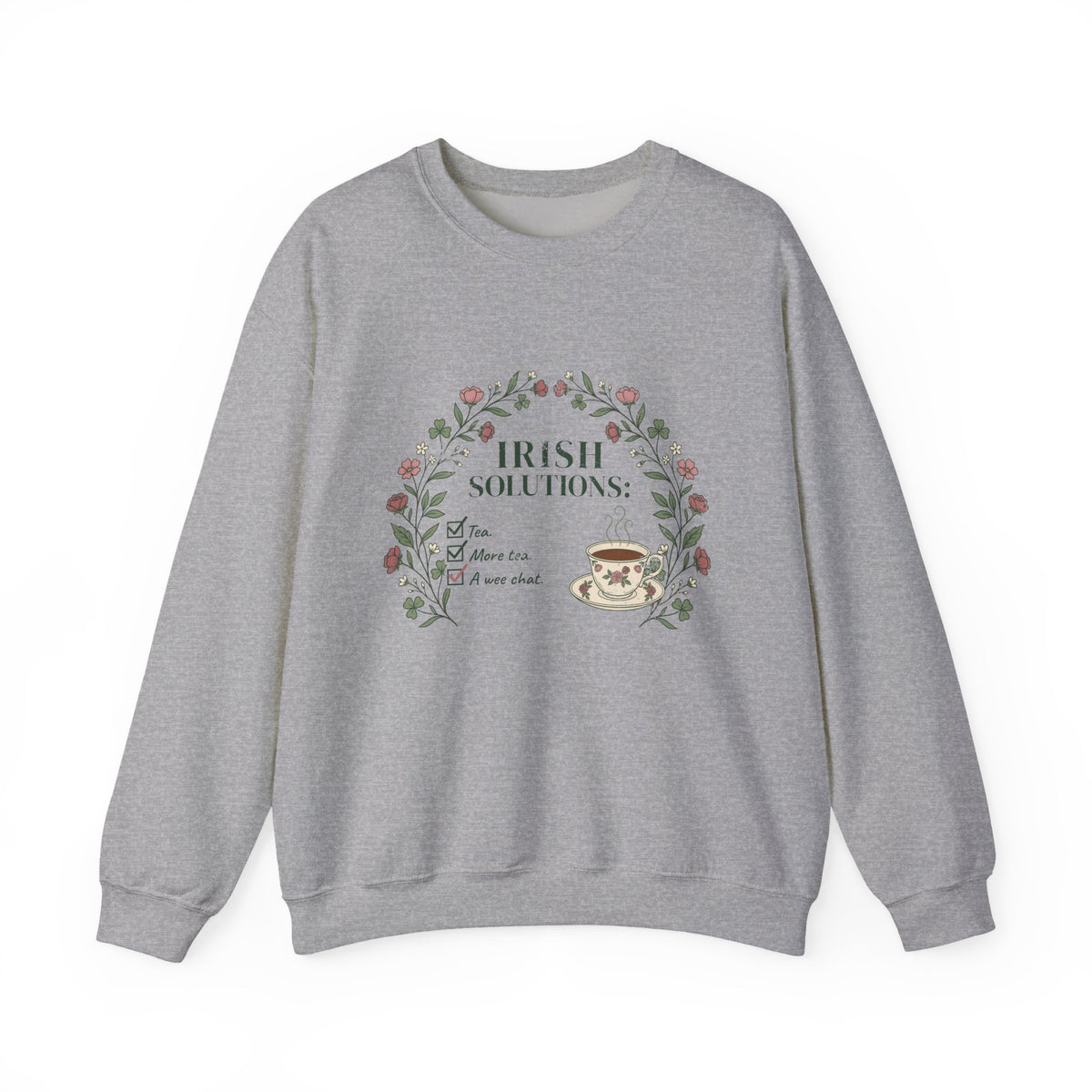Irish Solutions Tea Cup Wildflowers and Shamrocks Crewneck Sweatshirt